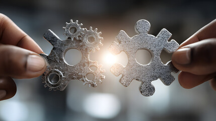 Hands align gear and puzzle pieces, symbolizing teamwork, problem-solving, and connection for success. The future is bright when working together.