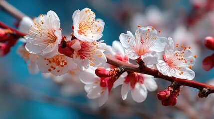 Blossoming apricot tree branches in peaceful springtime background concept. Beautiful cherry blossoms blooming in a vibrant blue backdrop.