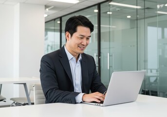 Man in suit working on laptop at desk in modern office with glass walls and white furniture smiling