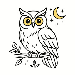 Owl sitting on a branch at night with moon and stars  