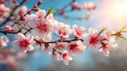 Fototapeta premium Blossoming apricot tree branches against sunlight and peaceful sky concept. Delicate cherry blossom branch in soft sunlight, symbolizing spring.