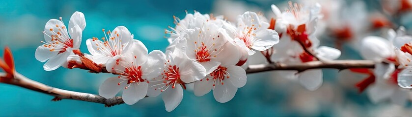 Blossoming apricot tree branches in peaceful springtime background concept. Delicate cherry blossoms adorn a vibrant blue background.