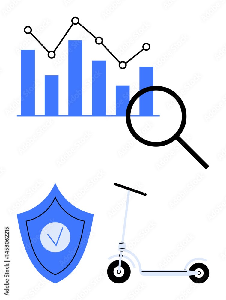 Poster bar chart with line graph, magnifying glass, shield with checkmark, and e-scooter. ideal for analyti