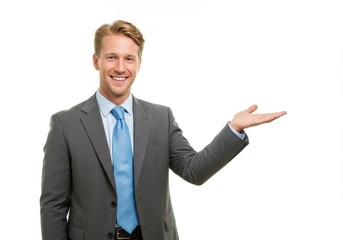 A smiling man in a suit with a blue tie presenting something on a white background in a studio shot