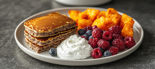 Delicious protein pancakes with fresh berries and sweet snacks