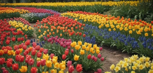 Vibrant tulips, daffodils, and hyacinths in full bloom , Easter, bright, spring