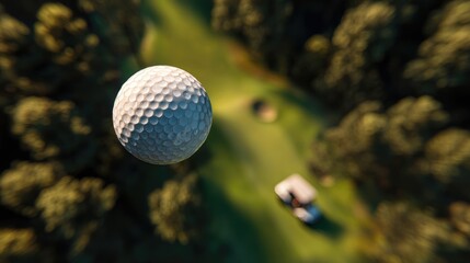 Golf ball in the air above a golf course. Lush green fairways and trees surround the ball