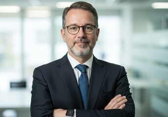 Fototapeta premium Portrait of a man with glasses in a suit and tie standing with arms crossed in a bright office space
