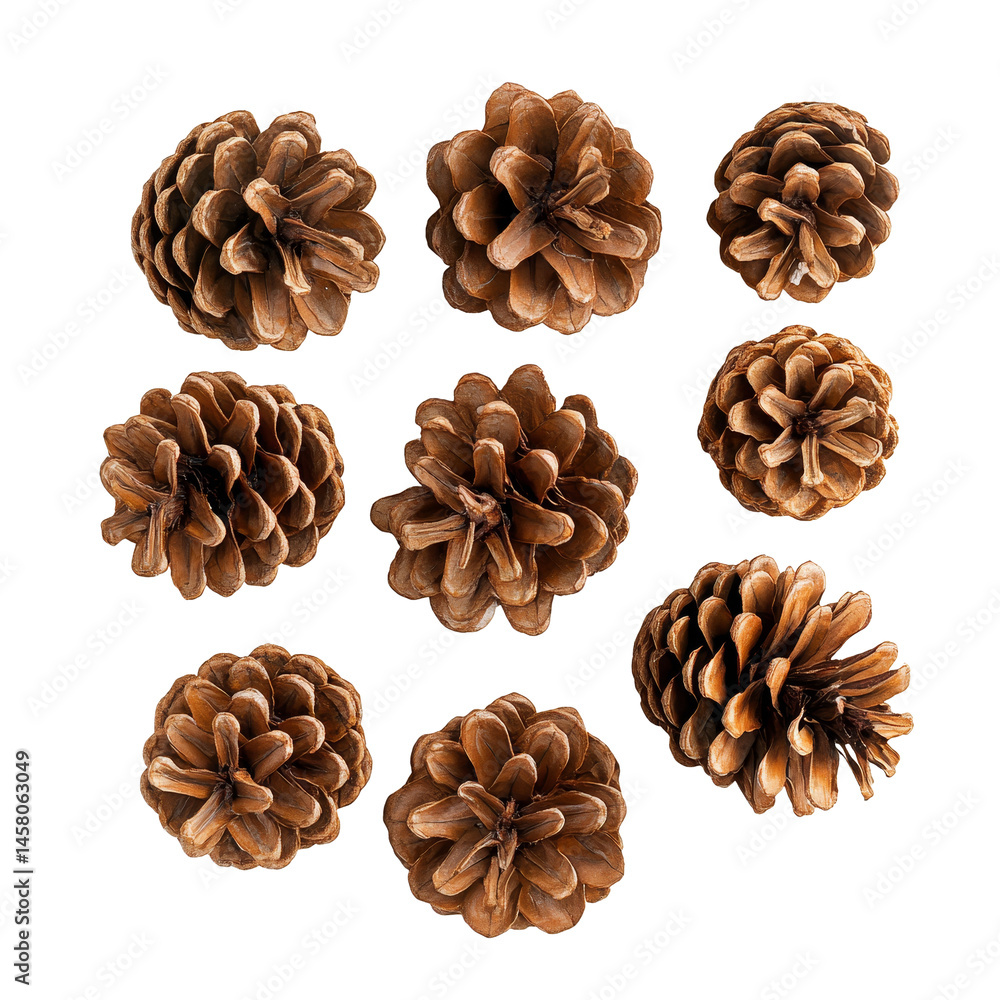 Poster pine cones displayed together on a clean transparent background showcasing their natural textures an