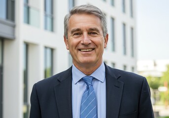 Fototapeta premium Portrait of a smiling mature businessman in a suit and tie standing outside of an office building