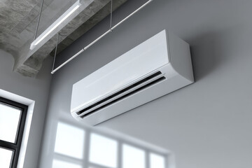 Overhead view of sleek split AC system in minimalist loft with recessed lighting representing modern home climate control and tech style