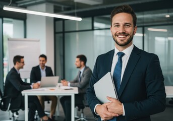 Smiling businessman holding laptop with colleagues in meeting at the office in the background