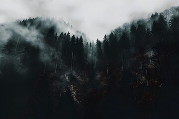 Eerie beauty in the dense forest shrouded in a mysterious and atmospheric mist