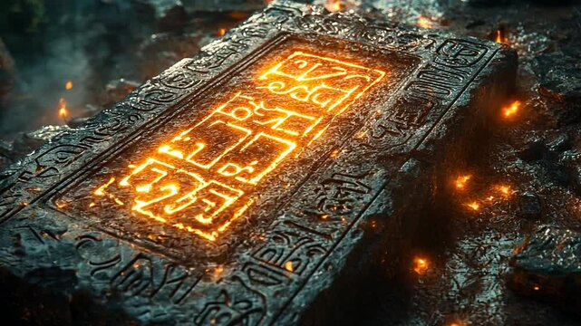 Ancient glowing stone tablet amidst a mystical forest