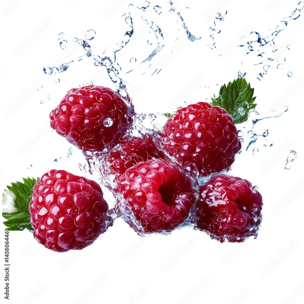 Poster fresh raspberries splash dramatically into water creating lively droplets on a transparent backgroun