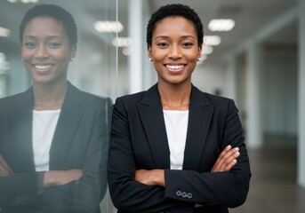 Portrait of a smiling african american businesswoman in a suit standing by a glass wall with reflection