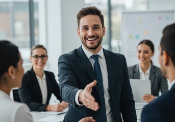 Man in suit extending hand for handshake during meeting with colleagues in a bright office space