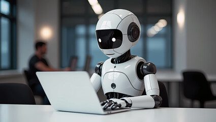 A artificial intelligence robot  use laptop at office