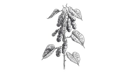 Detailed botanical illustration of a plant with pods and leaves.