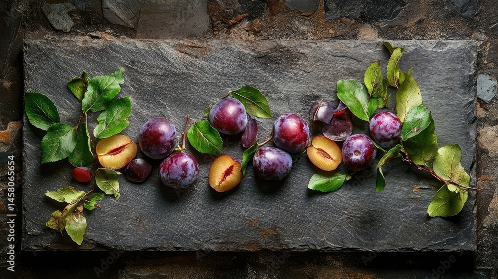 Poster artistic arrangement of sliced plums and leaves on a slate surface