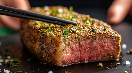 Herb crusted ribeye featuring vibrant spice coating with visible salt flakes and green herbs against perfectly cooked medium-rare interior