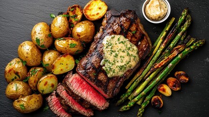 Garlic butter ribeye dinner presentation featuring juicy steak, caramelized fingerling potatoes, grilled asparagus spears and compound butter on dark stone surface