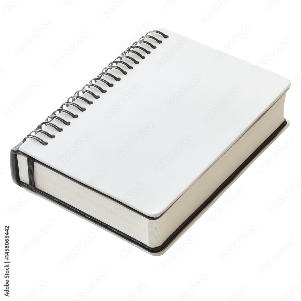 Poster a simple transparent notebook with a looped spine lying on a clean transparent surface ready for wri