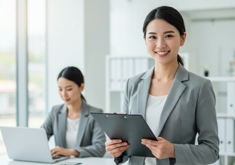 Portrait of a smiling asian businesswoman holding a clipboard in a bright office setting with coworker