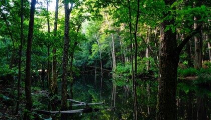 Deep misty forest wilderness scenery, sharp dark green leaf details, silent and magical atmosphere, with natural and soft color tones