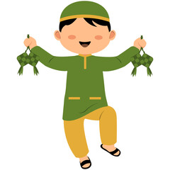 Muslim Child Carrying Ketupat. Cheerful muslim kid hold ketupat. 
Cute muslim kid holding ketupat cartoon illustration Pro Vector.