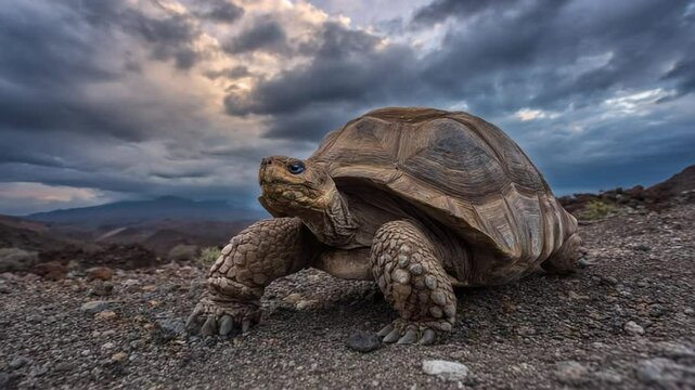 A tortoise crawling across rocky terrain under a dramatic sky, with mountains in the background
