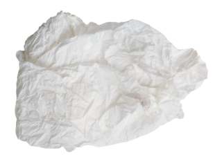 Top view of white crumpled tissue paper ball after use isolated with clipping path in png format