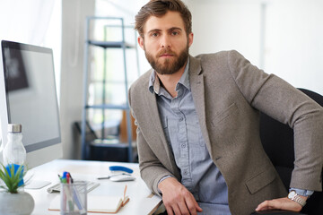 Portrait, research or businessman in startup on computer for copywriting, editing or creative...