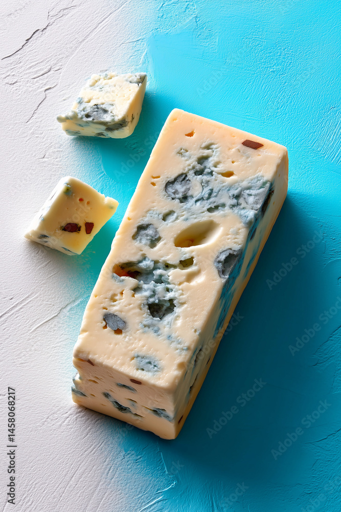 Poster gorgonzola cheese block with moist edges centered on clean white backdrop highlights rich texture in