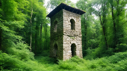 Obraz premium Old destroyed watchtower in the forest, abandoned historical landmark with vegetation, isolated in nature