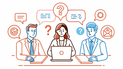 "Business Job Interview Concept: Vector Cartoon Illustration of Panel Interviewing Young Man in Suit with Laptop at Table"