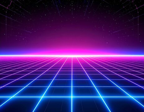 Retro Futuristic Grid Landscape in Neon Colors