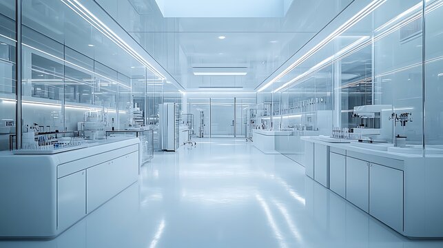 Modern science lab with sterile white workspace high resolution image