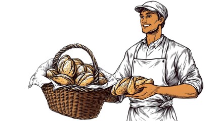 Smiling baker holding basket of fresh bread.