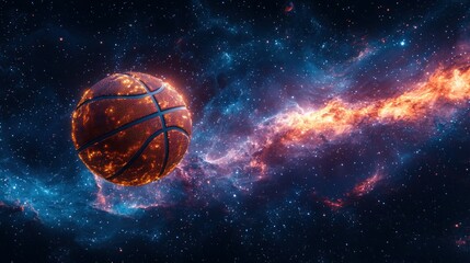 Fiery basketball floats in cosmic nebula