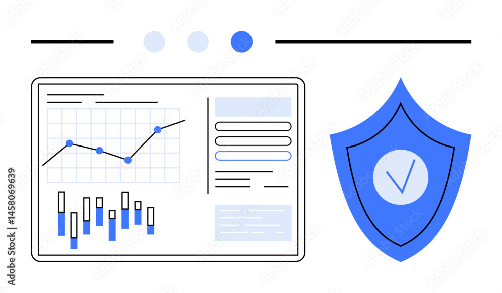 Aufkleber analytics dashboard with graphs, charts, and text alongside a shield symbolizing cybersecurity. idea