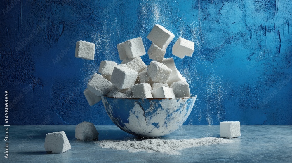Poster blue background highlighting white sugar textures and shapes in bowl and cube form