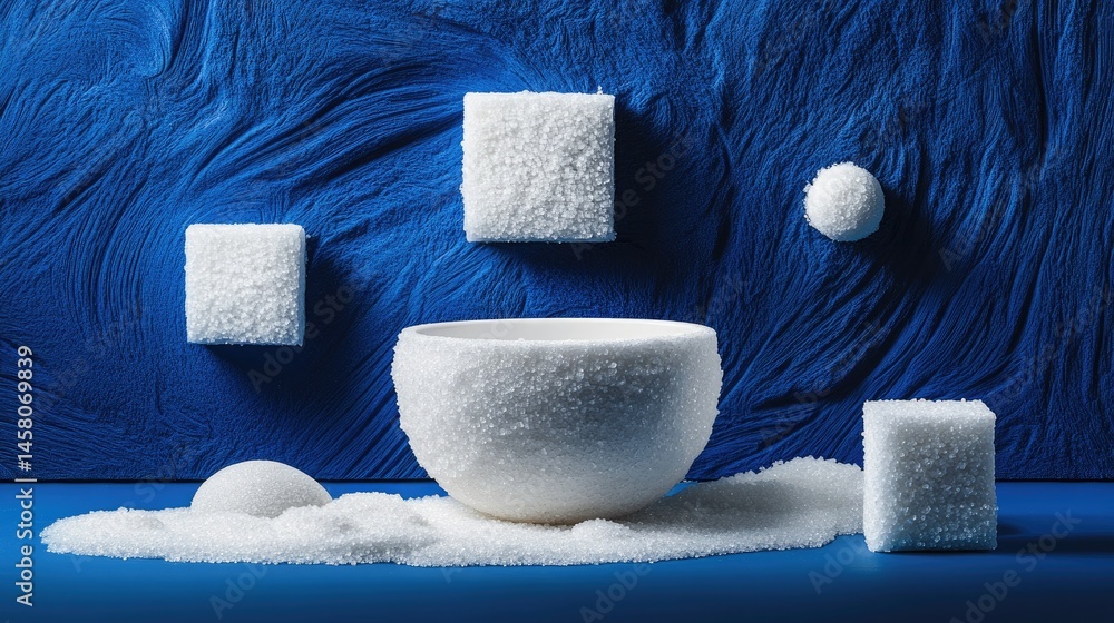 Aufkleber blue background highlighting white sugar textures and shapes in bowl and cube form