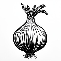 A black and white illustration depicts a bulbous onion vegetable
