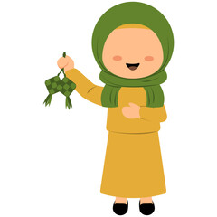Muslim Child Carrying Ketupat. Cheerful muslim kid hold ketupat. 
Cute muslim kid holding ketupat cartoon illustration Pro Vector.