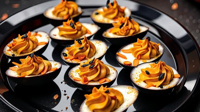 Gourmet Deviled Eggs with Spicy Filling on Black Plate  