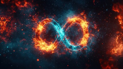 Fiery infinity symbol, dual flames, cosmic background