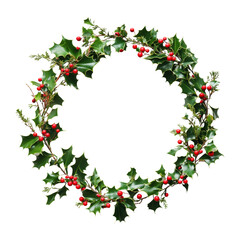 A vibrant holly wreath adorned with red berries resting on a pristine transparent background for festive decor, holly wreath on transparent background
