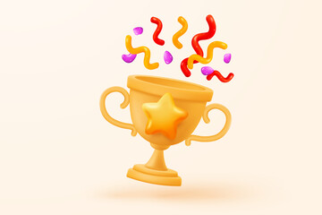 3d winner award with golden cup, gold winner stars for rewards ceremony. Contest ceremony first and second and third concept on podium. 3d trophy champion icon vector render illustration