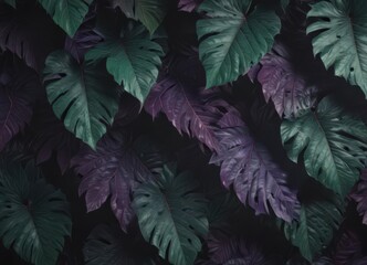 Deep green and purple exotic leaf pattern  Dramatic, shadowy, mysterious design , art, pattern